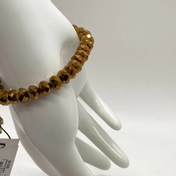 APT. 9 Gold Tone Stretch Bracelet with Faceted Beads & Green Pave Cross Charm - Picture 7 of 13